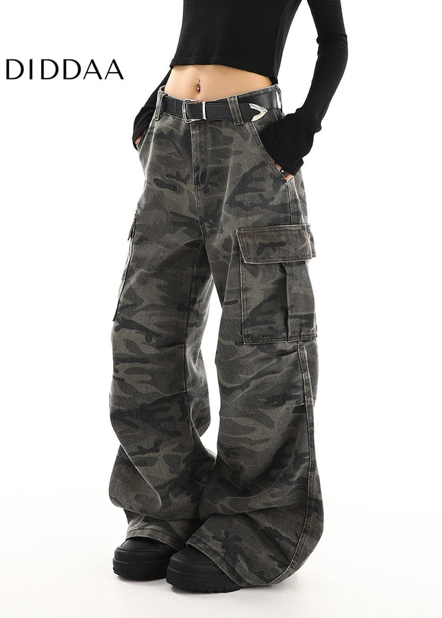 Green High Waist Straight Camouflage Cargo Jeans - Women’s Jeans