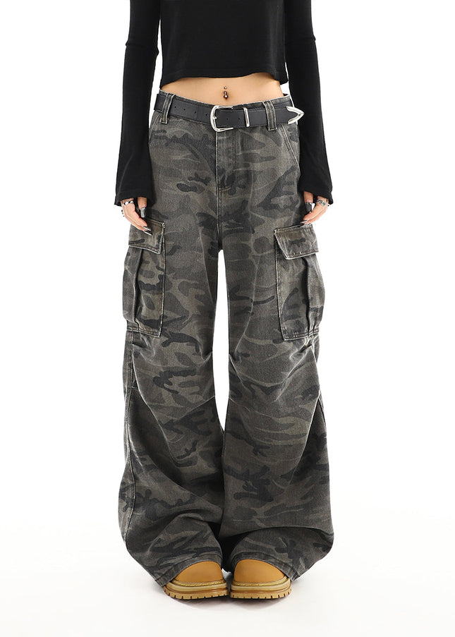Green High Waist Straight Camouflage Cargo Jeans - Women’s Jeans