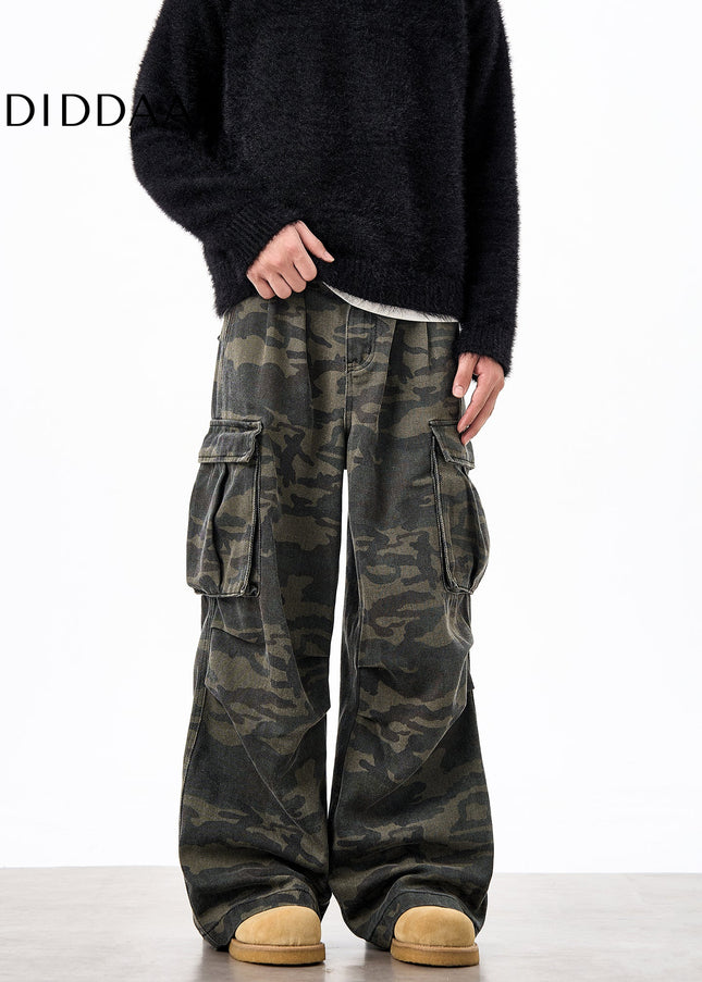 Green Loose Fit Camouflage Cargo Pants for Men and Women - Unisex Sweatpants