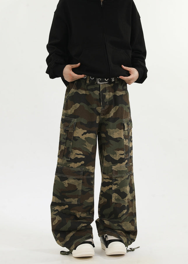 Green Loose Fit Camouflage Straight Leg Jeans - Men’s Jeans