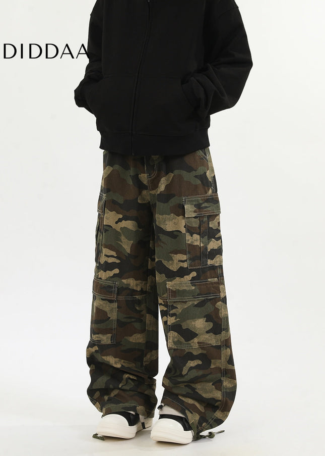 Green Loose Fit Camouflage Straight Leg Jeans - Men’s Jeans