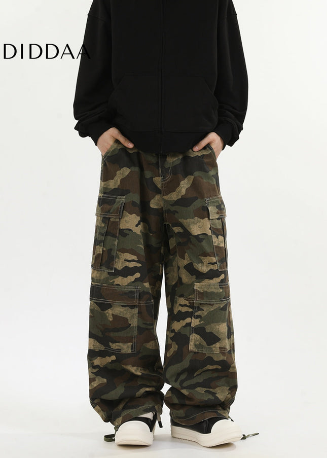 Green Loose Fit Camouflage Straight Leg Jeans - Men’s Jeans