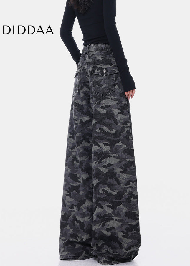 Green Loose Fit Camouflage Straight Leg Jeans - Women’s Jeans