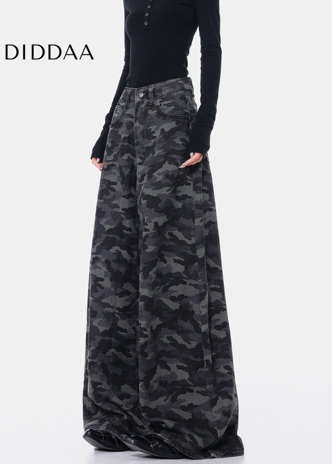 Green Loose Fit Camouflage Straight Leg Jeans - Women’s Jeans