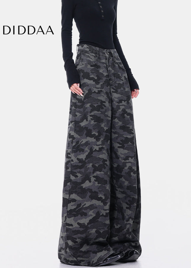 Green Loose Fit Camouflage Straight Leg Jeans - Women’s Jeans