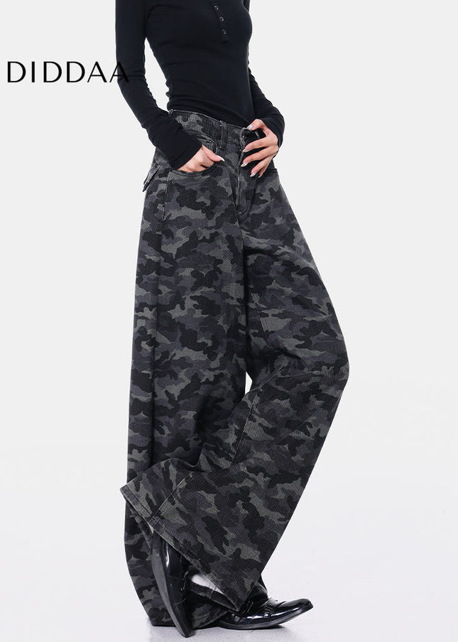 Green Loose Fit Camouflage Straight Leg Jeans - Women’s Jeans