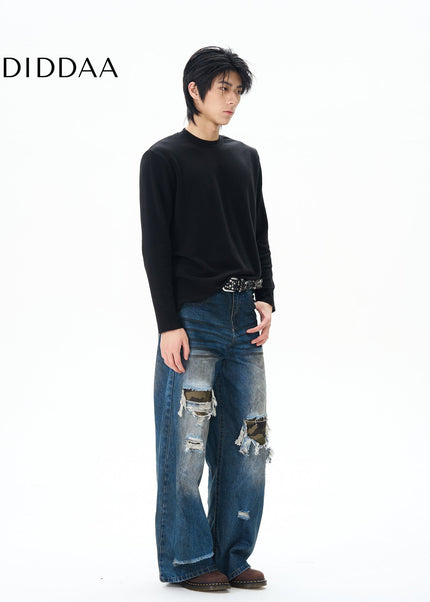 Green Loose Straight Camouflage Patch Jeans - Women’s Jeans