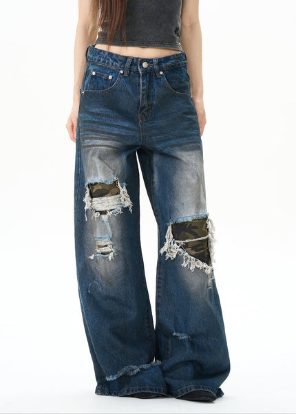 Green Loose Straight Camouflage Patch Jeans - Women’s Jeans