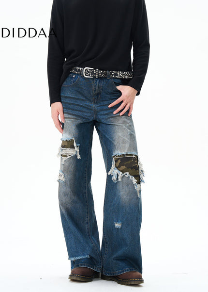 Green Loose Straight Camouflage Patch Jeans - Women’s Jeans
