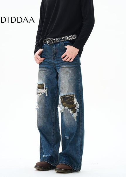 Green Loose Straight Camouflage Patch Jeans - Women’s Jeans