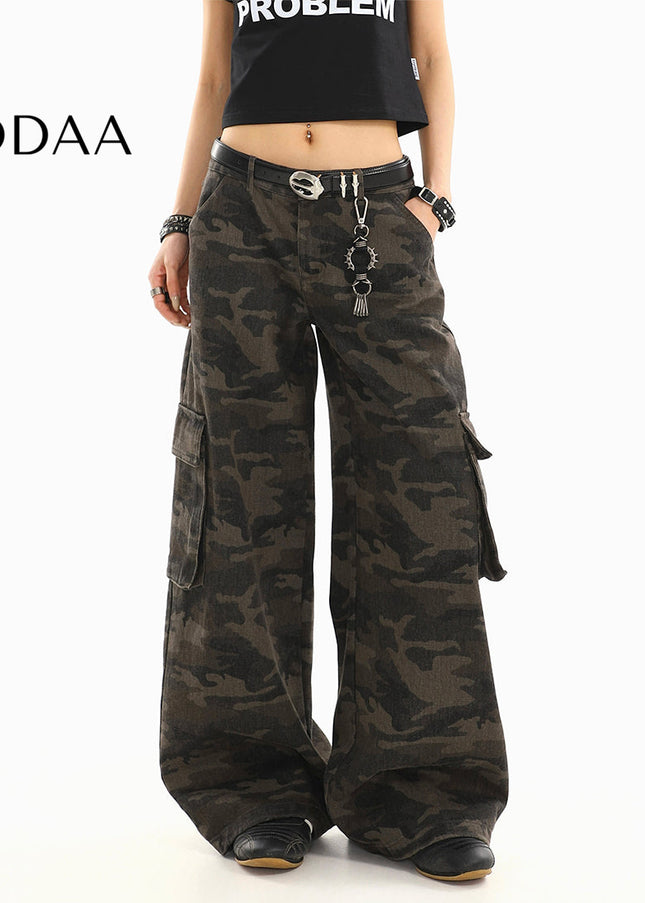 Green Multi-Pocket Casual Cargo Pants - S / Camouflage - Women’s Jeans