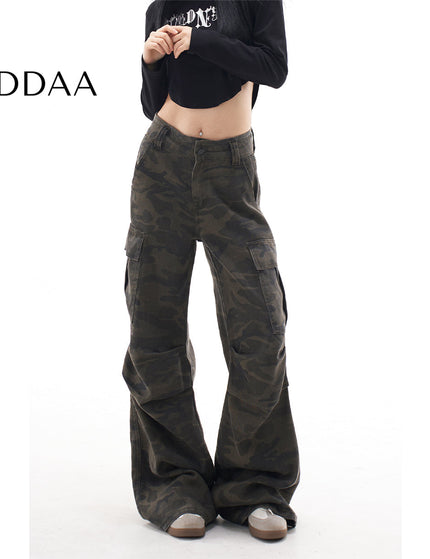 Green Retro Camouflage Cargo Pants Women’s Wide-Leg Jeans - XS / Camouflage - Women’s Jeans