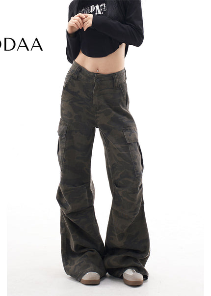 Green Retro Camouflage Cargo Pants Women’s Wide-Leg Jeans - XS / Camouflage - Women’s Jeans