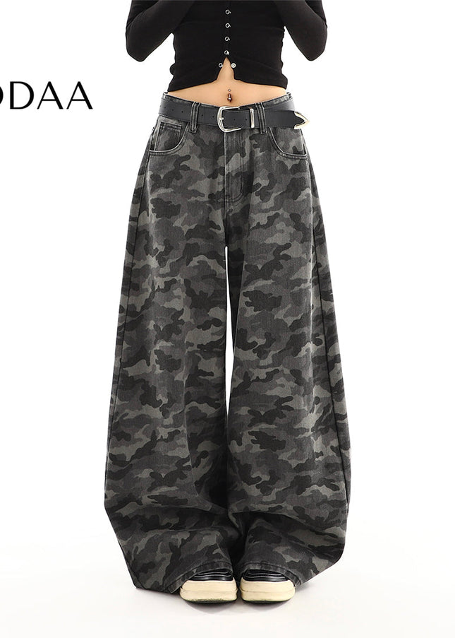 Green Retro Camouflage Cargo Wide Leg Jeans - S / Camouflage - Women’s Jeans
