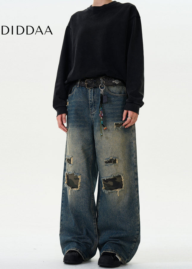 Green Ripped Loose Fit Camouflage Jeans for Men and Women - Men’s Jeans