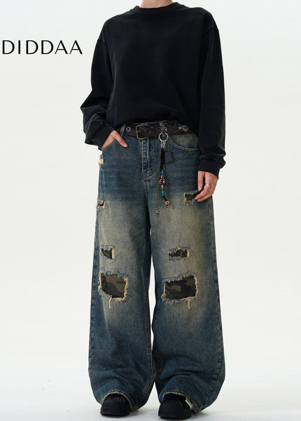 Green Ripped Loose Fit Camouflage Jeans for Men and Women - Men’s Jeans