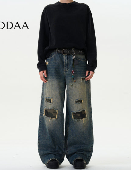 Green Ripped Loose Fit Camouflage Jeans for Men and Women - S / Blue - Men’s Jeans