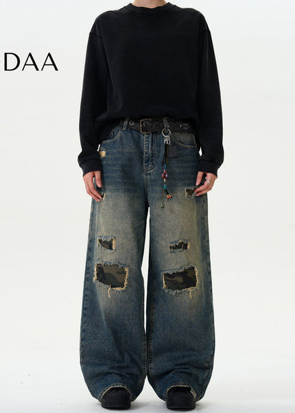 Green Ripped Loose Fit Camouflage Jeans for Men and Women - S / Blue - Men’s Jeans