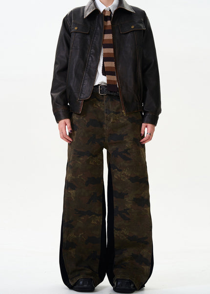 Green Side Zipper Vintage Distressed Camouflage Jeans - Men’s Jeans