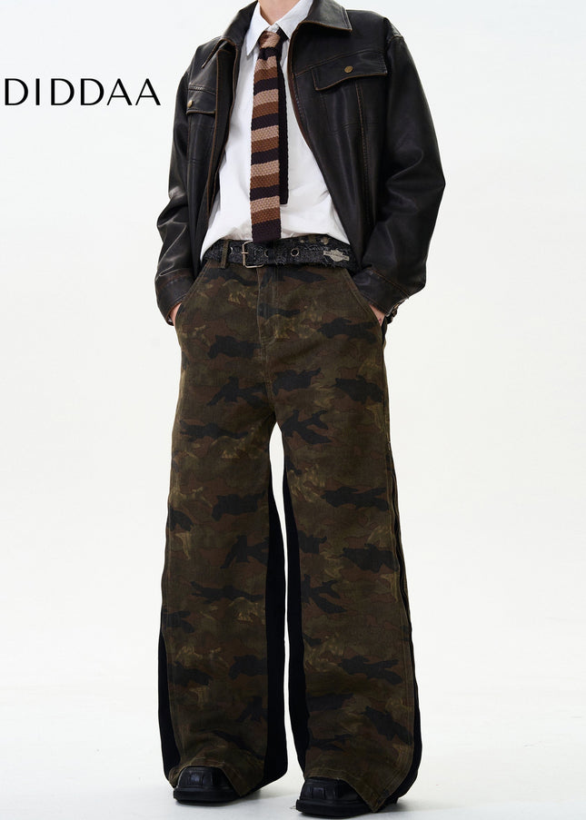 Green Side Zipper Vintage Distressed Camouflage Jeans - Men’s Jeans