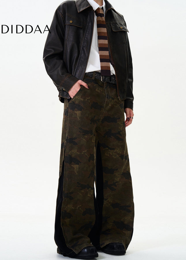 Green Side Zipper Vintage Distressed Camouflage Jeans - Men’s Jeans