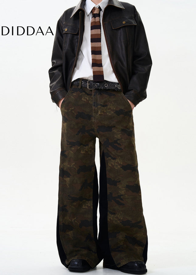 Green Side Zipper Vintage Distressed Camouflage Jeans - Men’s Jeans