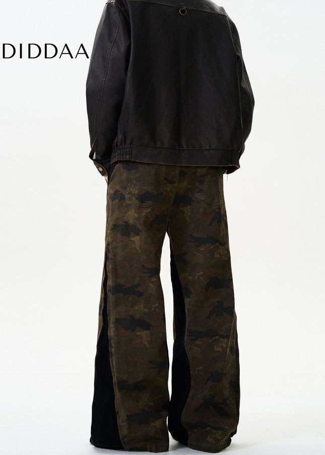 Green Side Zipper Vintage Distressed Camouflage Jeans - Men’s Jeans