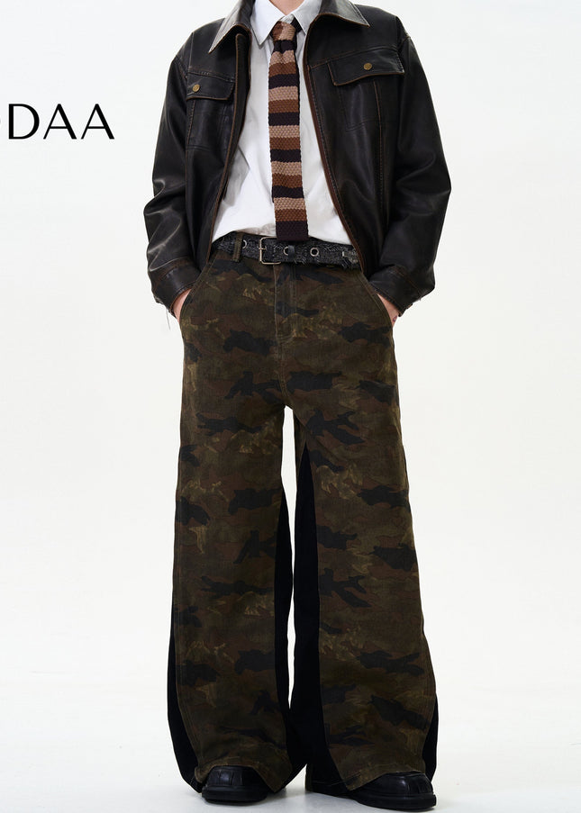 Green Side Zipper Vintage Distressed Camouflage Jeans - S / Camouflage - Men’s Jeans