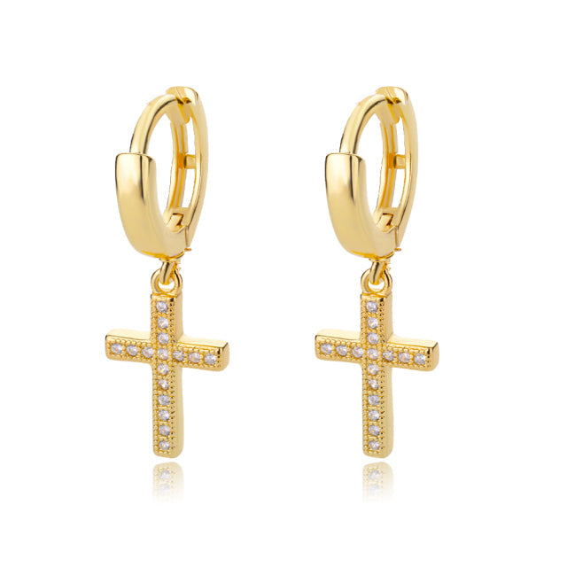 SOUVOIR 14K Gold Plated, Zirconia Earrings Grenada Earrings | Gold Zirconia Cross Hoop Earrings