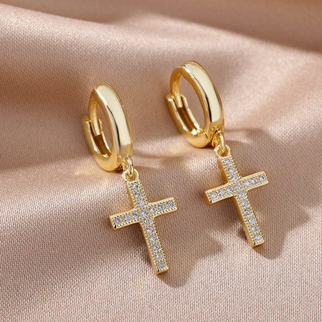 SOUVOIR Gold 14K Gold Plated, Zirconia Earrings Grenada Earrings | Gold Zirconia Cross Hoop Earrings