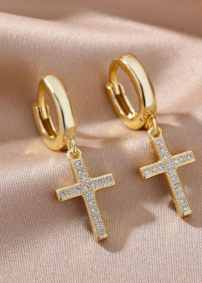 SOUVOIR Gold 14K Gold Plated, Zirconia Earrings Grenada Earrings | Gold Zirconia Cross Hoop Earrings
