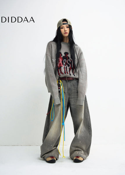 Grey Distressed Wide Leg Jeans Unisex Loose Fit Pants - Men’s Jeans