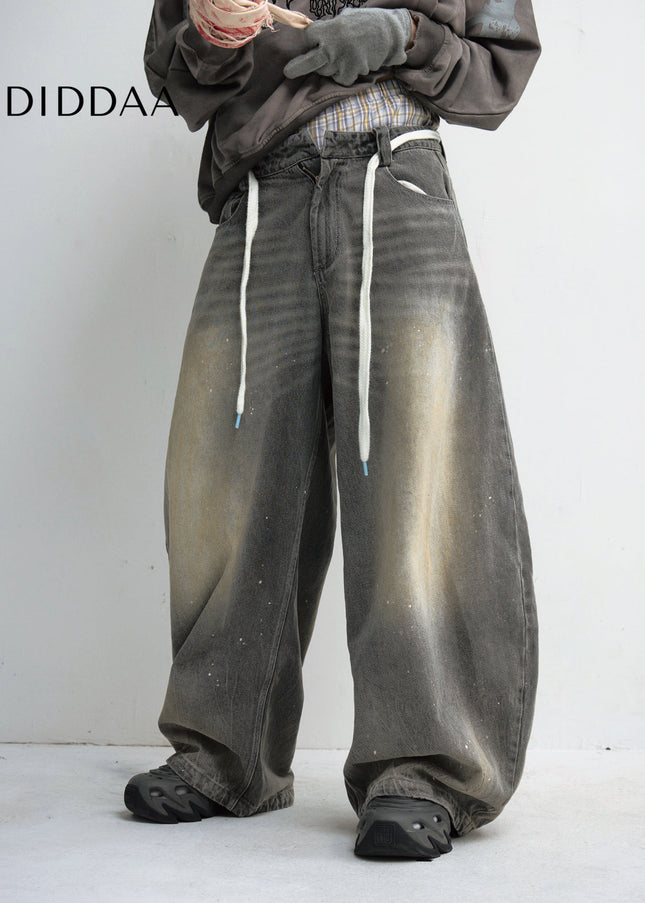 Grey Distressed Wide Leg Jeans Unisex Loose Fit Pants - Men’s Jeans