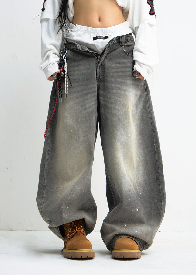 Grey Distressed Wide Leg Jeans Unisex Loose Fit Pants - Men’s Jeans