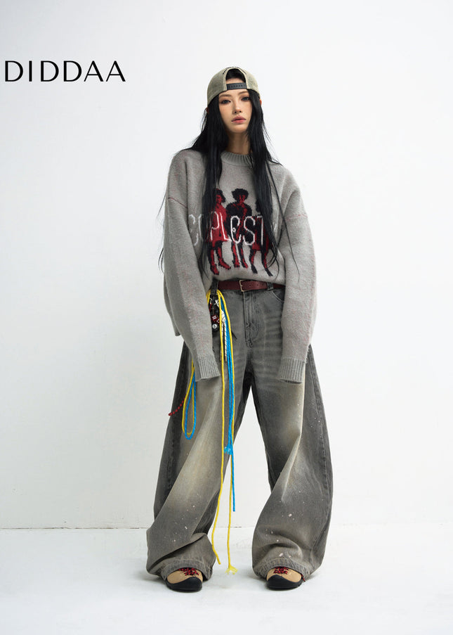 Grey Distressed Wide Leg Jeans Unisex Loose Fit Pants - Men’s Jeans