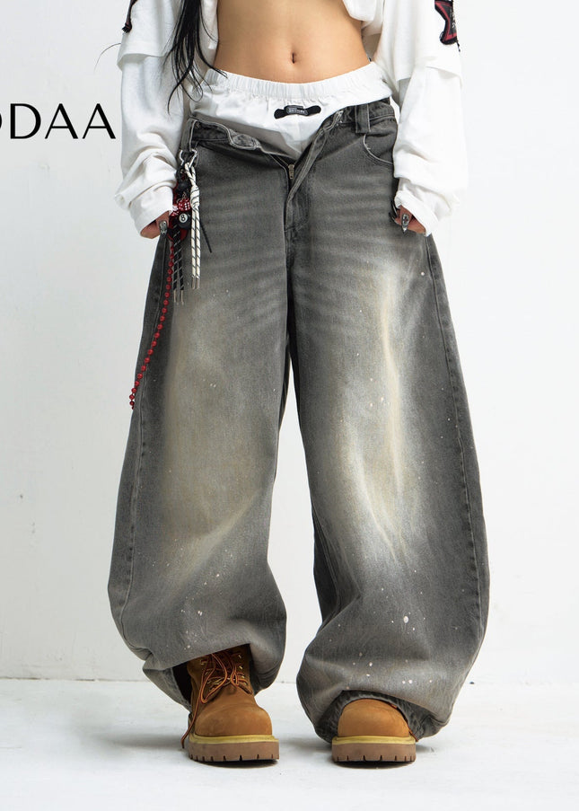 Grey Distressed Wide Leg Jeans Unisex Loose Fit Pants - Grey / S - Men’s Jeans
