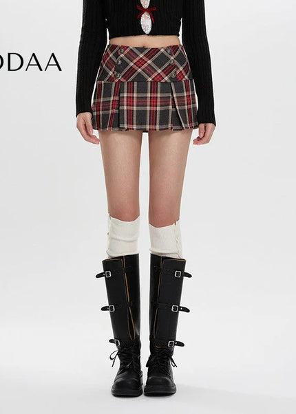 Grey High Waist Slim A-Line Plaid Skirt for Women - S / Red - Skirts