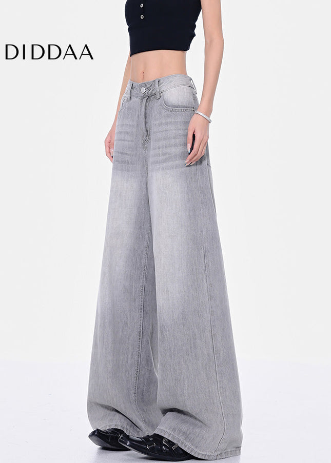 Grey High Waist Wide-Leg Jeans with Retro Wash - Women’s Jeans