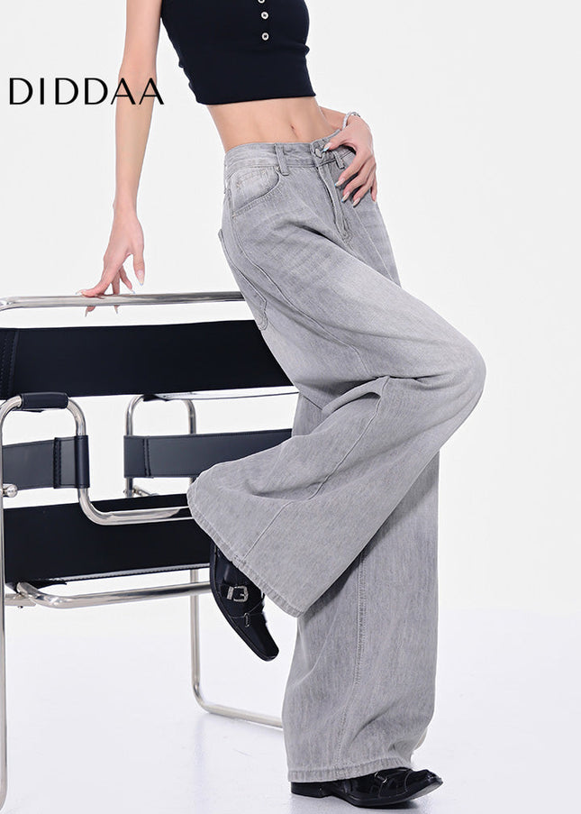Grey High Waist Wide-Leg Jeans with Retro Wash - Women’s Jeans