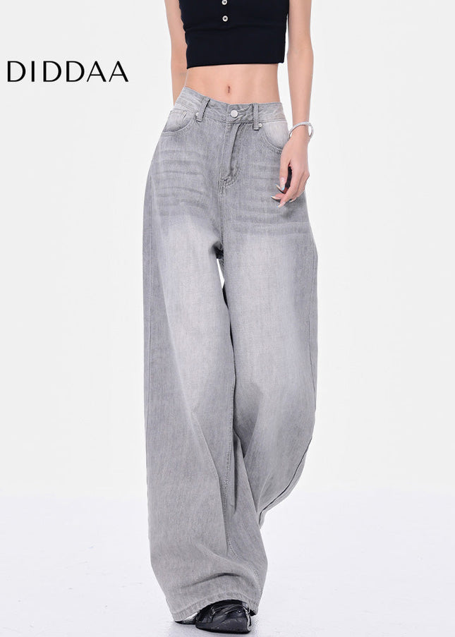 Grey High Waist Wide-Leg Jeans with Retro Wash - Women’s Jeans
