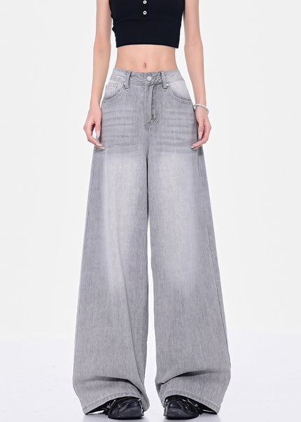 Grey High Waist Wide-Leg Jeans with Retro Wash - Women’s Jeans