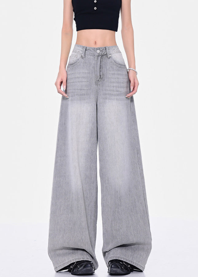 Grey High Waist Wide-Leg Jeans with Retro Wash - Women’s Jeans