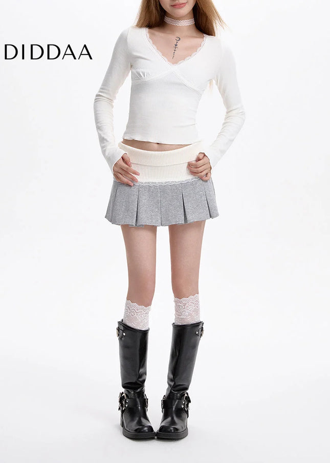 Grey High-Waisted Slim A-Line Pleated Skirt for Women - Skirts