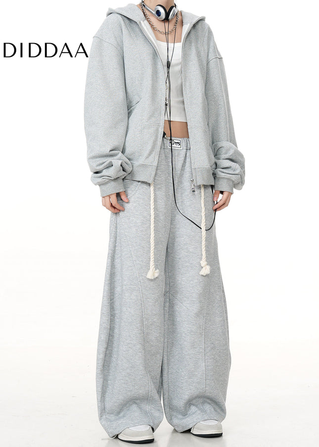 Grey Loose Fit Casual Scimitar Pants with Braided Rope - Unisex Sweatpants