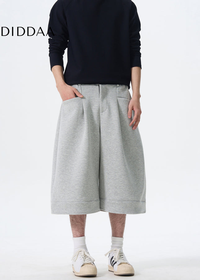 Grey Loose Fit KISKO American Retro Casual Drape Shorts - Unisex Sweatpants