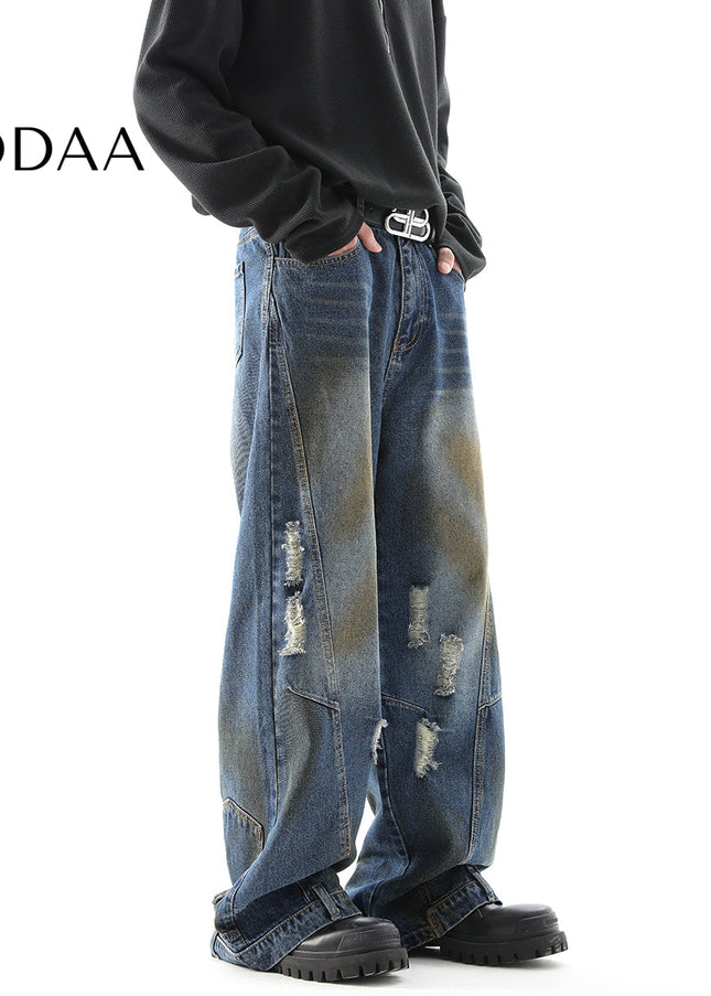Grey Loose Fit Ripped Flip Jeans for Men - S / Dark Blue - Men’s Jeans