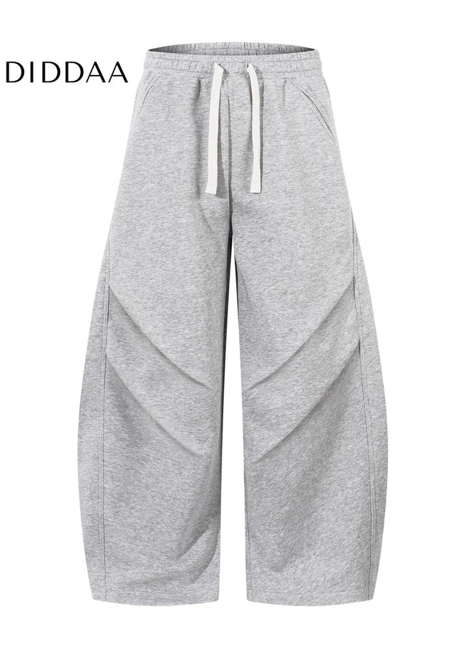 Grey Pleated Drape Wide-Leg Casual Sweatpants - Unisex Sweatpants