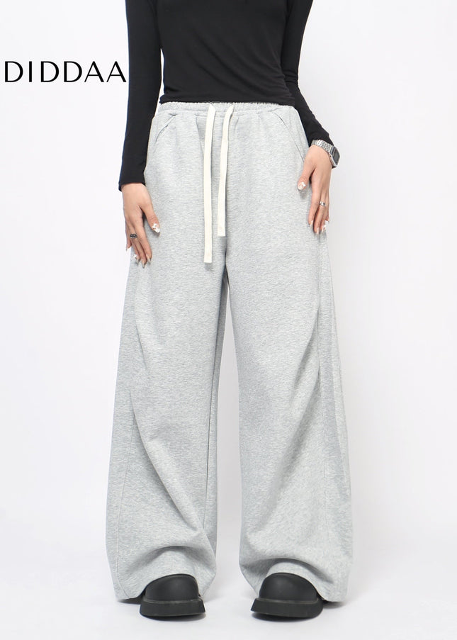 Grey Pleated Drape Wide-Leg Casual Sweatpants - Unisex Sweatpants