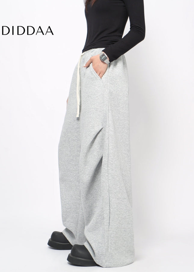 Grey Pleated Drape Wide-Leg Casual Sweatpants - Unisex Sweatpants