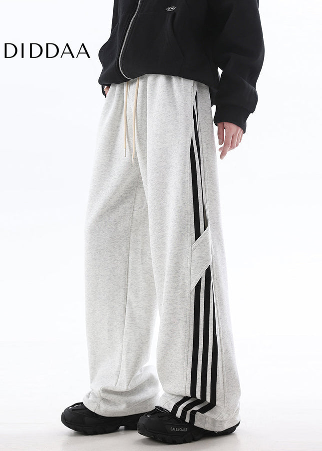 Grey Striped Loose Fit Wide-Leg Sweatpants - Unisex Sweatpants
